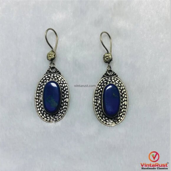 Traditional Lapis Lazuli Earrings: Oval Blue Gemstone Earrings Gift for Her - Picture 3 of 7